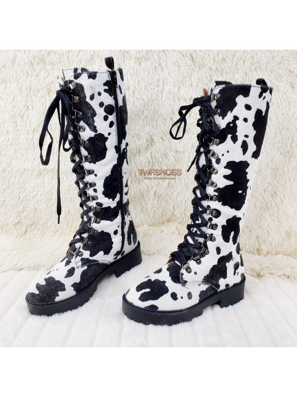 Savage Cow Combat Lace Up Knee Boots Faux Cow Print Brand New